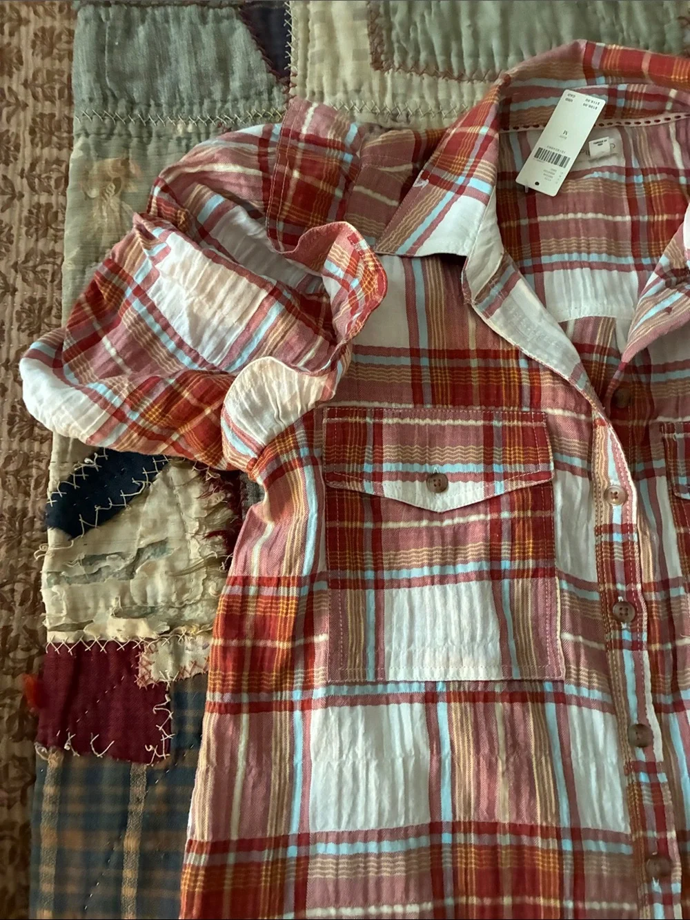 Anthropologie Pink & White Plaid Puff-Sleeve Button-Up Blouse